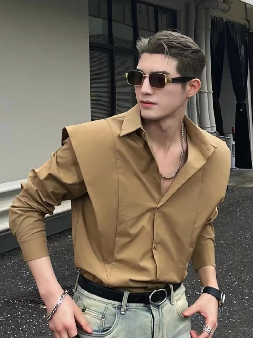 Men's Faux 2PCS Shirt Square Collar Layered Shoulder Pad Long Sleeve Casual Streetwear Luxury Solid Spring Fall Top