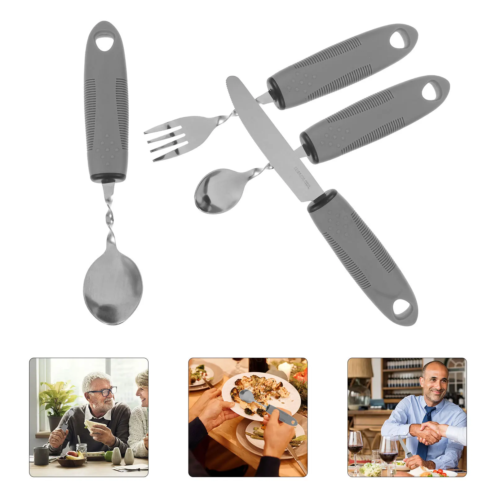 

1Set Anti-Shake Tableware Set Stainless Steel Plastic Non-Slip Handle Lightweight Easy Grip for Elderly Disabled Parkinson