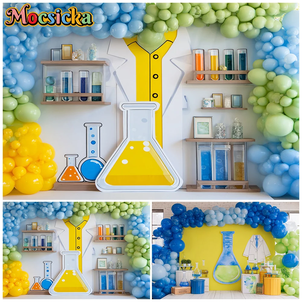 Mocsicka Science Lab Photography Backdrop Colorful Balloon Beaker Background Kids Birthday Party Mad Scientist Studio Photoshoot