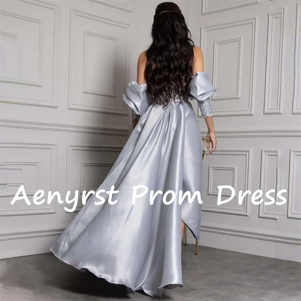 Aenryst Sliver Strapless Sequined Satin Evening Dresses Mermaid Slit Detachable Sleeves Prom Dress Tea Length Formal Party Gowns