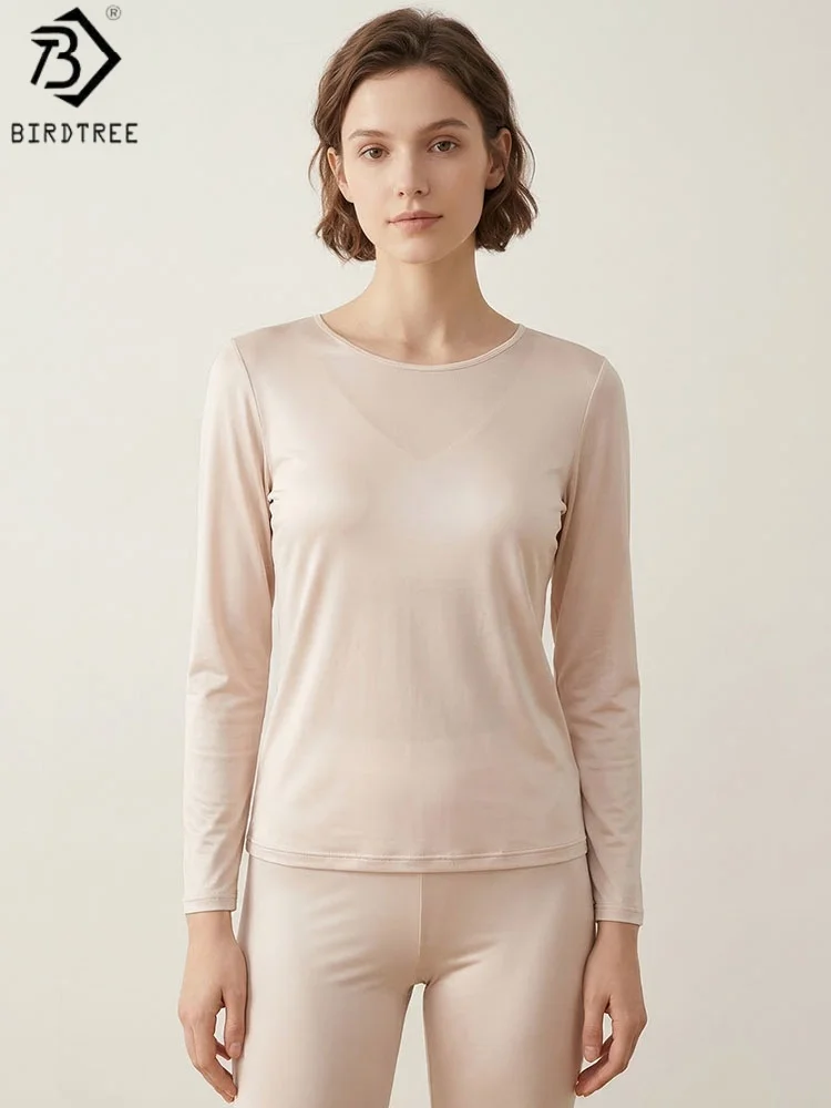Birdtree, 100% Silk Thin Underwear Set, Women Knitted Full Sleeve Basic Shirt, Elastic Waist Leggings, 2026 New Clothes T66417JF
