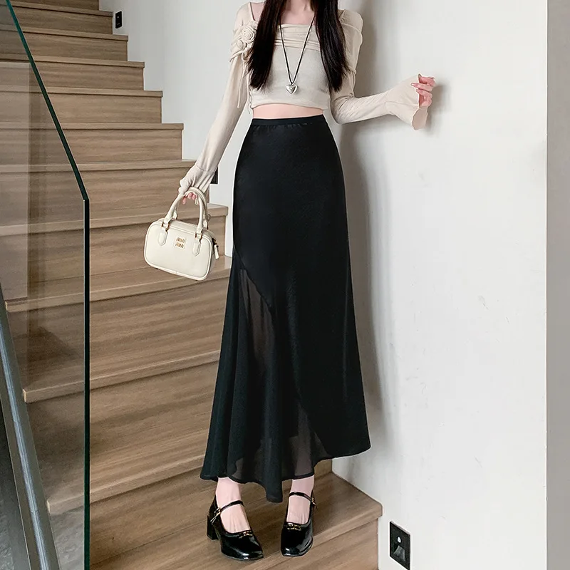 Solide Satin Seide Rock Gespleißt Mesh Frauen Hohe Taille Trompete Meerjungfrau Sommer Langen Rock Elegante Damen Büro Dame Midi Frühling