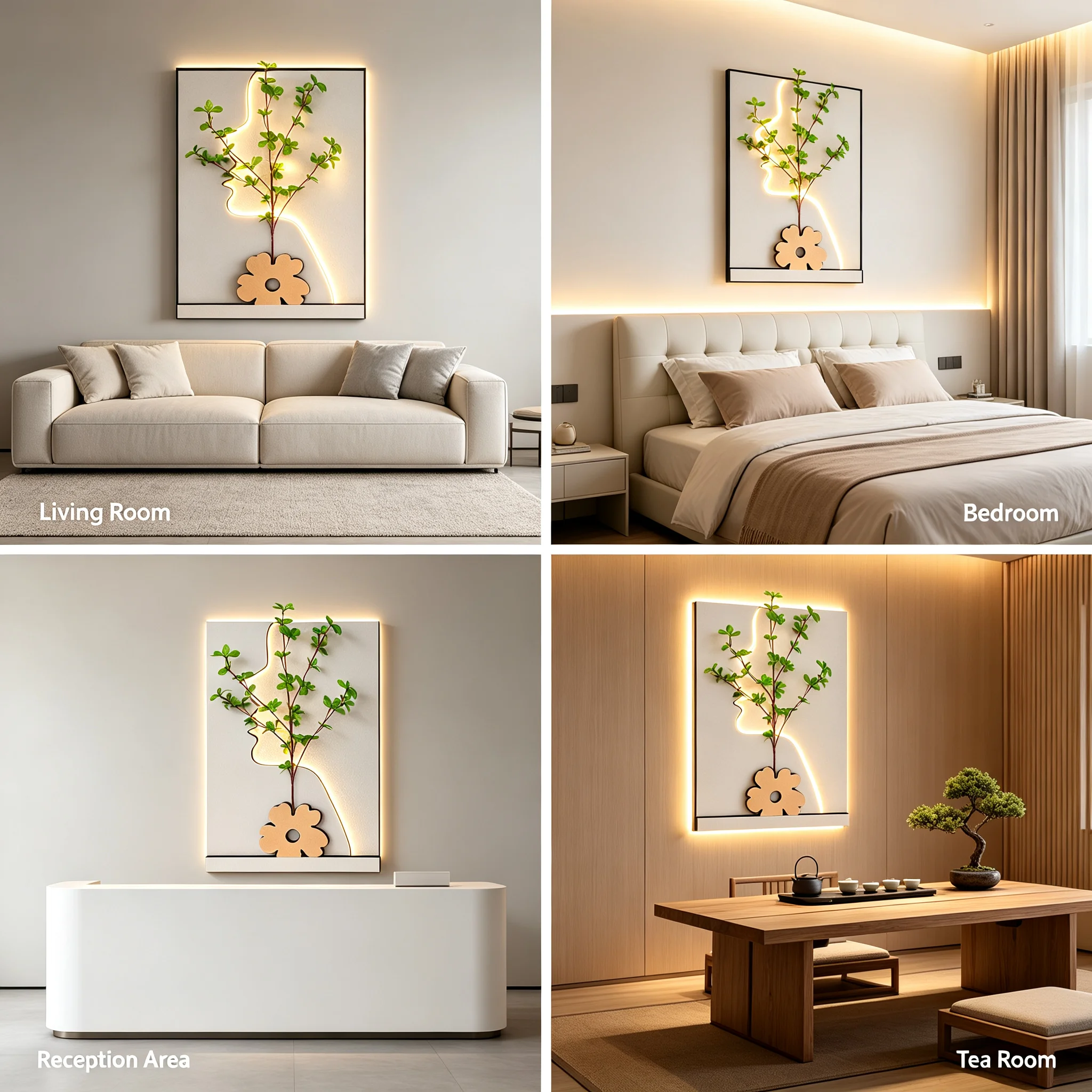 Wall-Mounted Sandstone Wall Art with LED Light & Simulated Plant, Handcrafted 50x70cm 3-Level Dimming Remote Control Decoration for Living Room Bedroom Office, Off-White