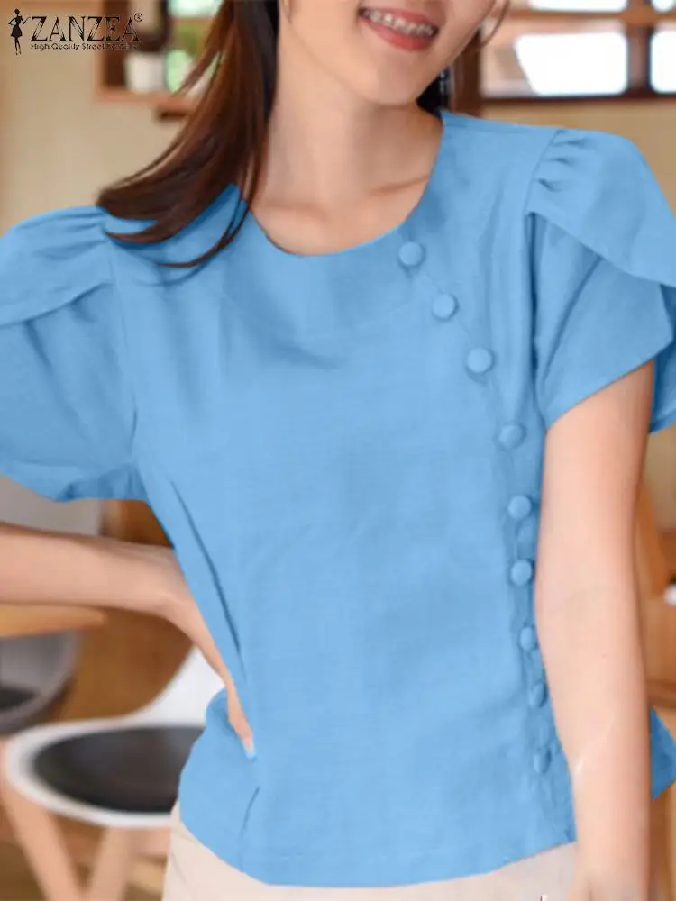 

ZANZEA Lady Office Chic Buttons Stitching Shirt Women Petal Short Sleeve Blouse Elegant Round Neck Tunic Casual Loose Solid Tops