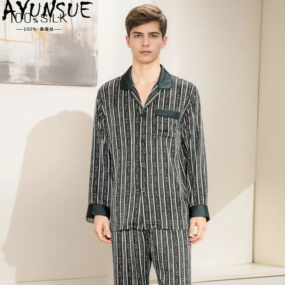 AYUNSUE 19MM 100% Natural Mulberry Silk Pajama Sets Mens Home Clothes Spring Summer Shirt Striped Pants for Men Мужская Пижама