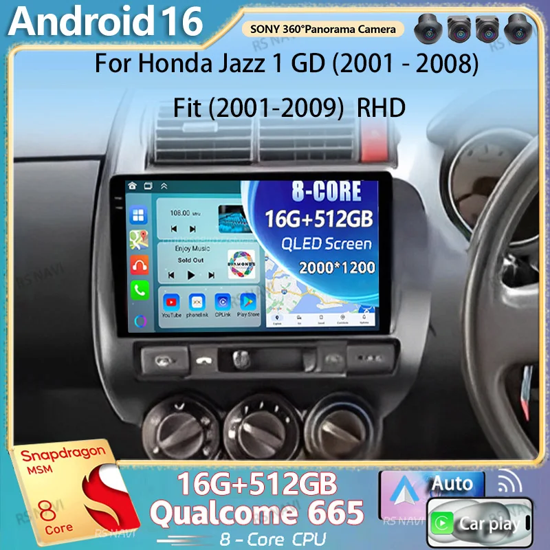Android 16 For Honda Jazz 1 GD 2001 - 2008 Fit 2001-2009 2K QLED Stereo Car Radio Multimedia Video Player GPS 4G CarPlay