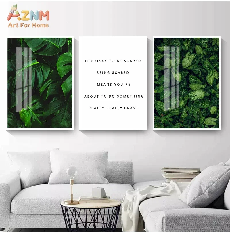 AZNM Dark Green Forest Leaf Canvas Wall Art Natural Jungle Plant Inspirational Text Quote Print Unframed Canvas Painting for Liv