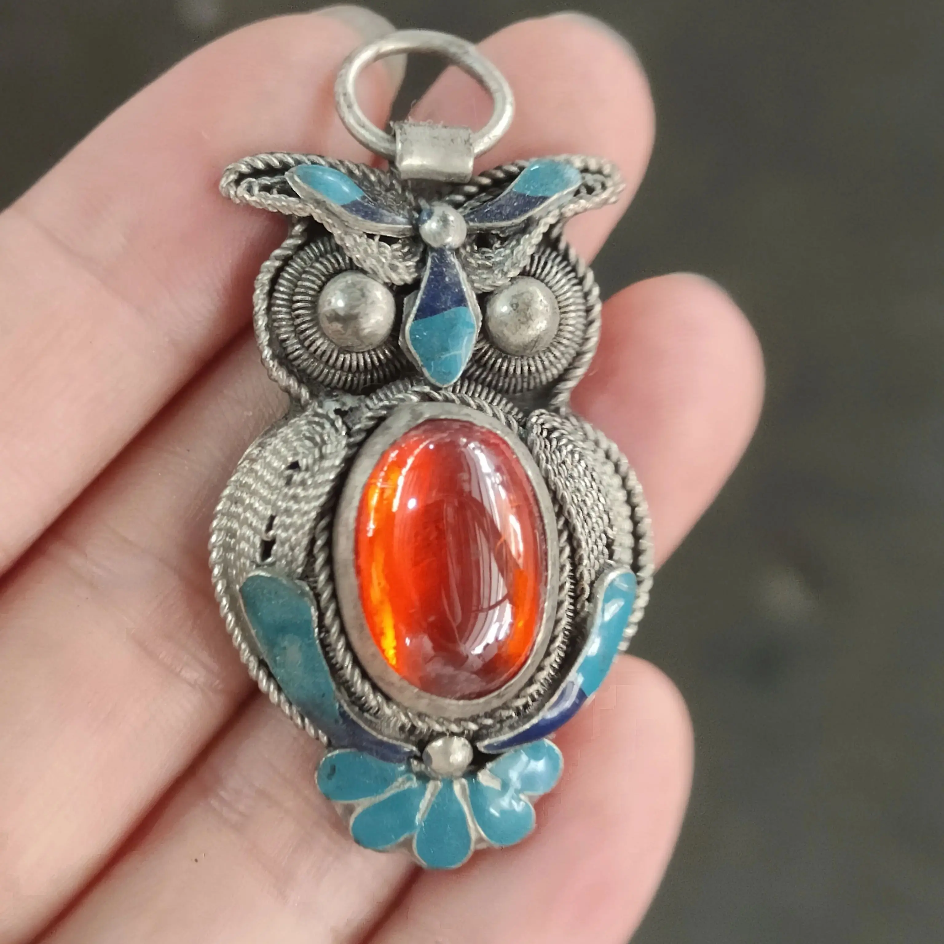 

Chinese classic personality owl pendant burning blue craft inlaid ruby necklace for men and women