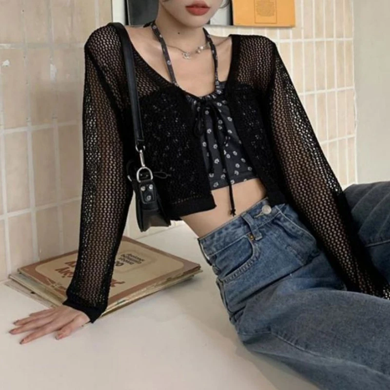 Women V-Neck Lace-Up Front Long Sleeve Cardigan Crop Top Hollow Out See Through Fishnet Mesh Shirts Thin Cover Up Jacket