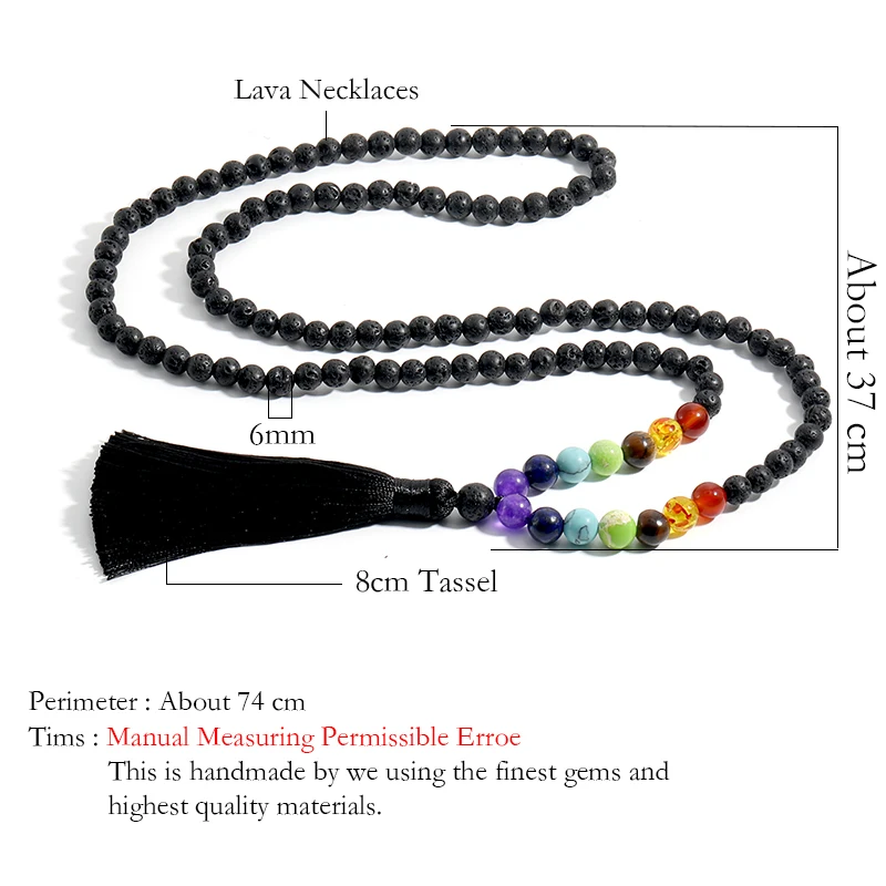 OAIITE 7Chakra Beaded Necklace 6mm Volcanic Stone Mala Necklace Fringe Long Sweater Chain Female Reiki Natural Energy Jewelry