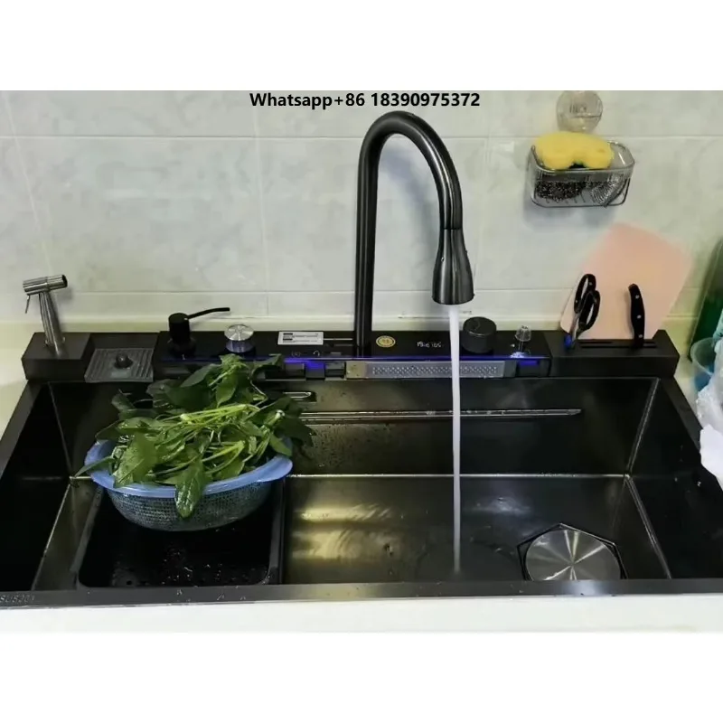 Exclusive 304 Smart Stainless Steel Large Kitchen Sink with Double Bowl Multifunctional Square Faucet for Hotels Restaurants