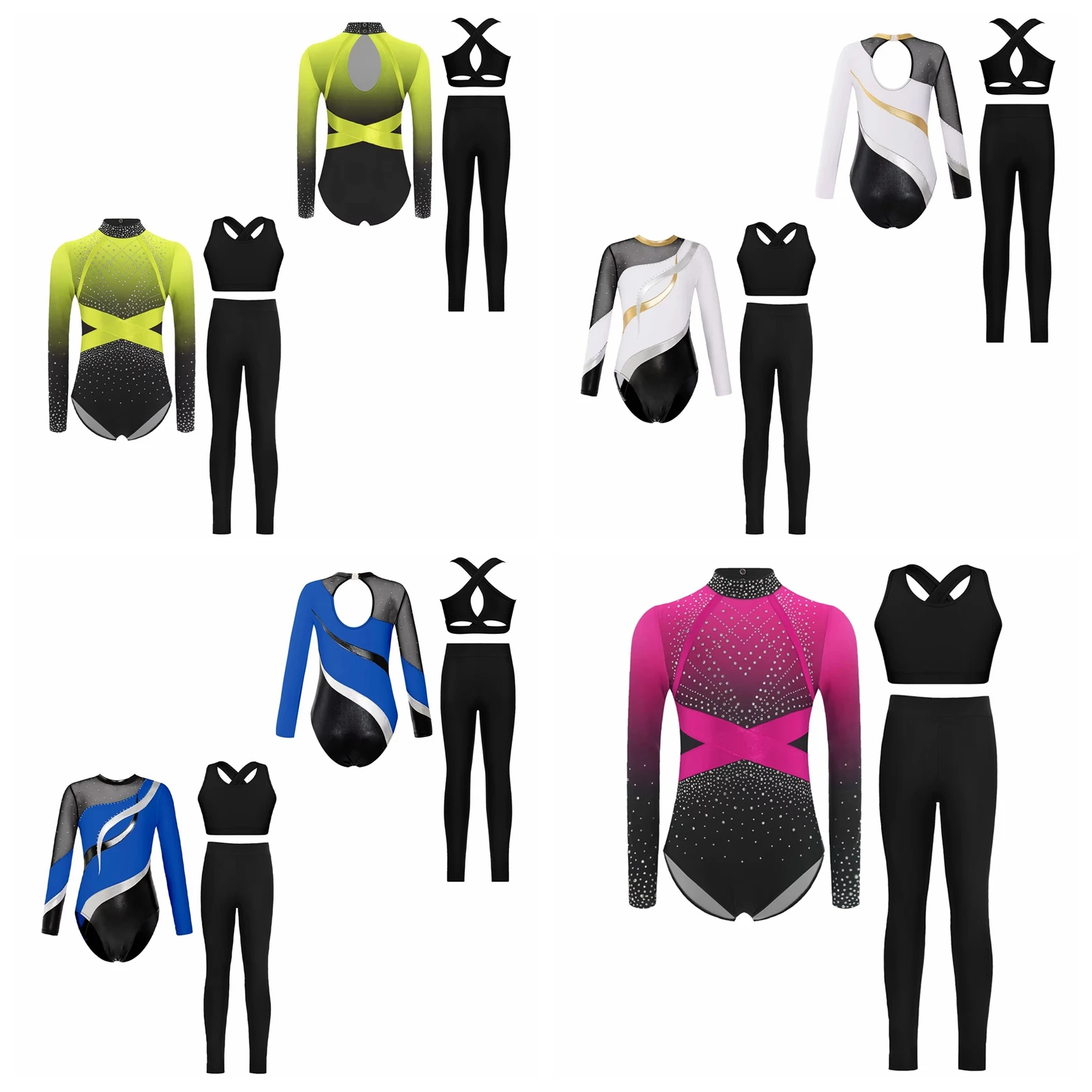 Children's Long Sleeve Mock Neck Ballet Leotard +Vest Leggings Dancing Kid Girls Gymnastics Bodysuit Figure Skating Dance Outfit