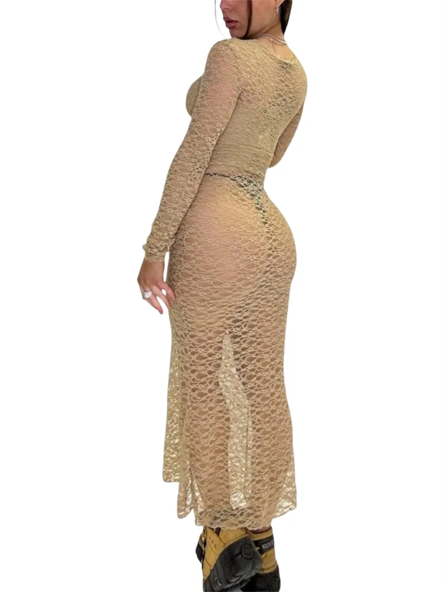 Abito lungo da donna in pizzo trasparente elegante manica lunga girocollo tinta unita copricostume da spiaggia per costume da bagno bikini