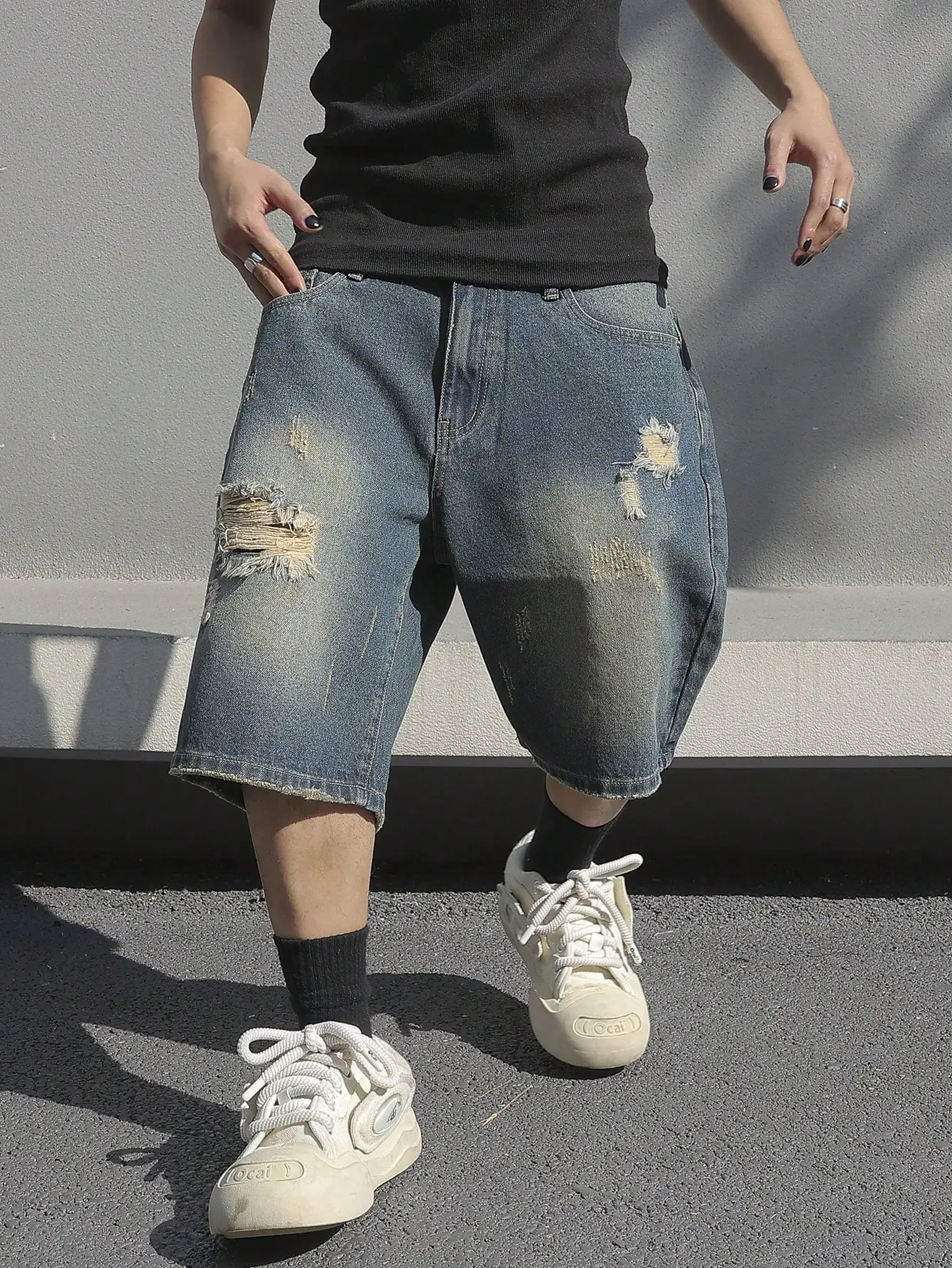 Men Summer Baggy Stretchy Denim Shorts Jeans For Men Streetwear Ripped Knee length Baggy Comfort Cargo Casual Shorts Pants Jean