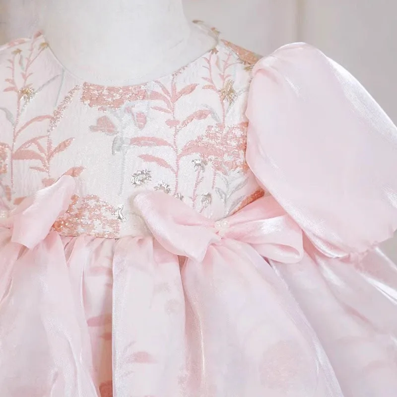 Vestido de princesa estampado para bebé, primeiro vestido de festa de aniversário, vestido de baile, final alta, verão, rosa, 2024