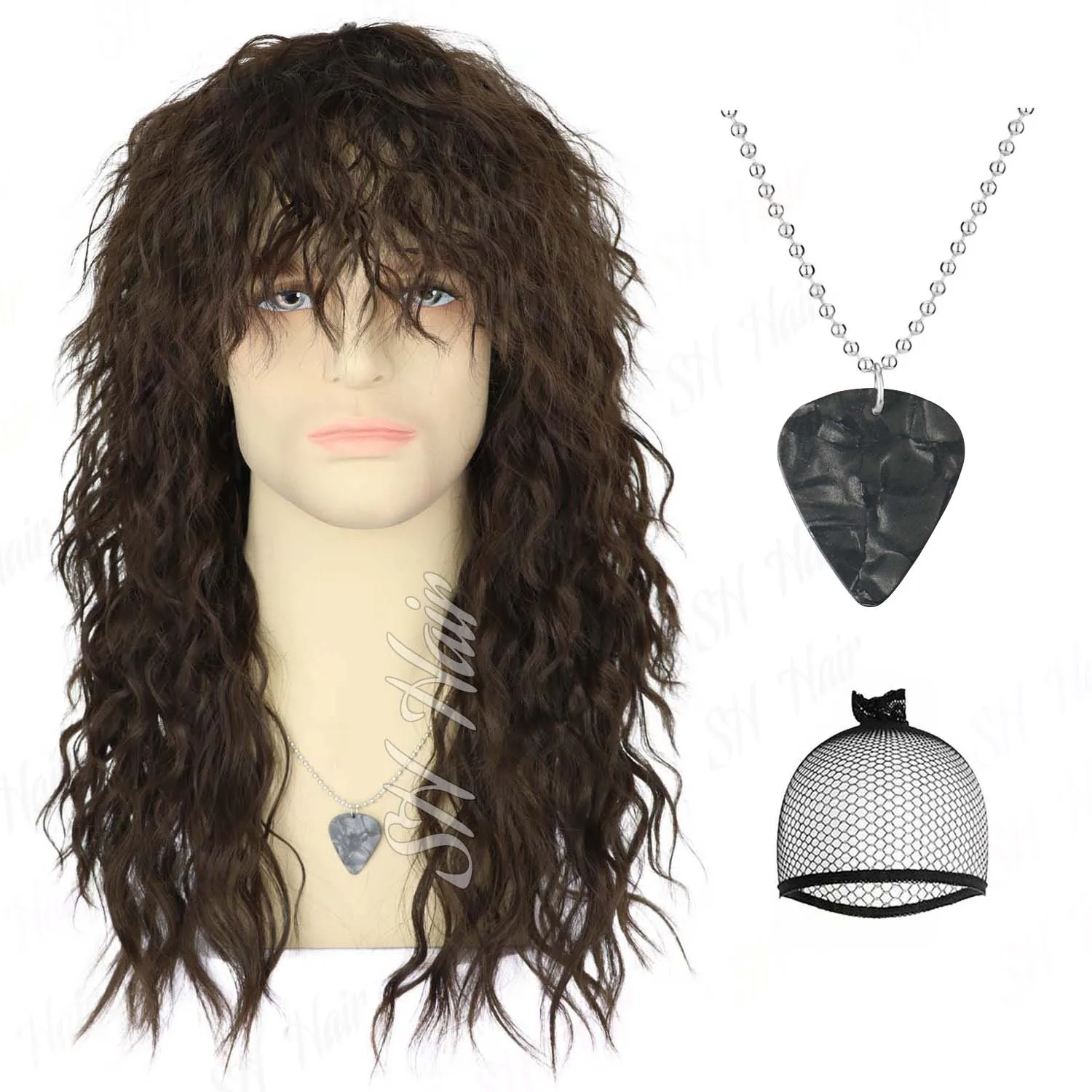 Synthetic Mens Mullet Wig with Necklace 80s Rocker Wigs Long Brown Wig for Party Halloween, Eddie Costume Wig, Multi-colored Wig