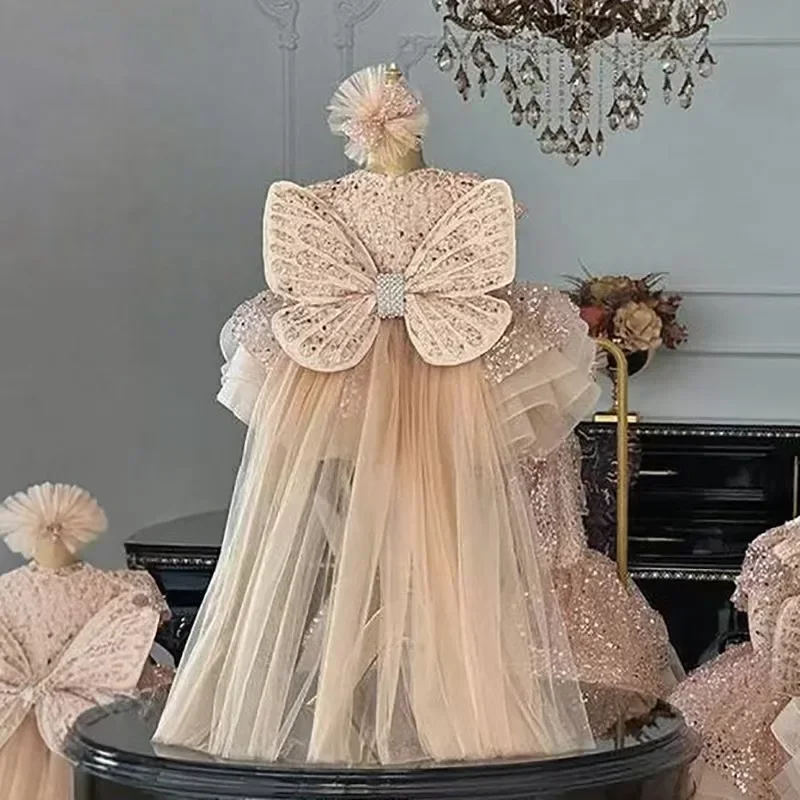 Custom Flower Girl Dress for Wedding First Christmas Party with Sequin Bodice Butterfly Back Decor and Tulle Cape Skirtفساتين س image 4