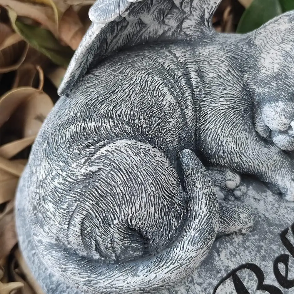 Angel Cat Memorial Garden Statue Stones Grave Markers with a Cat Sleeps on The Heart-Shaped Stone - Cat Garden Stones Cat Statue