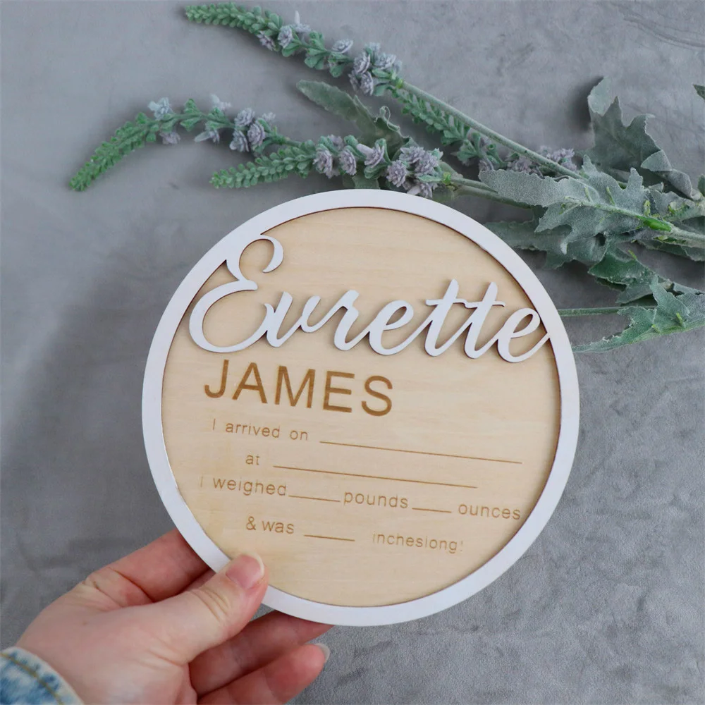 Custom Birth Announcement Sign 3D Newborn Name Baby Shower Gift Personalised Wood Rustic Nursery Theme Crib Sign Milestone Disc