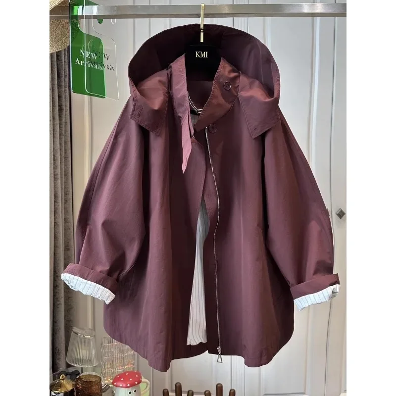 SuperAen Solid Color Hooded Casual Jacket Women\'s 2024 Autumn New Fashion Style Trench Coat