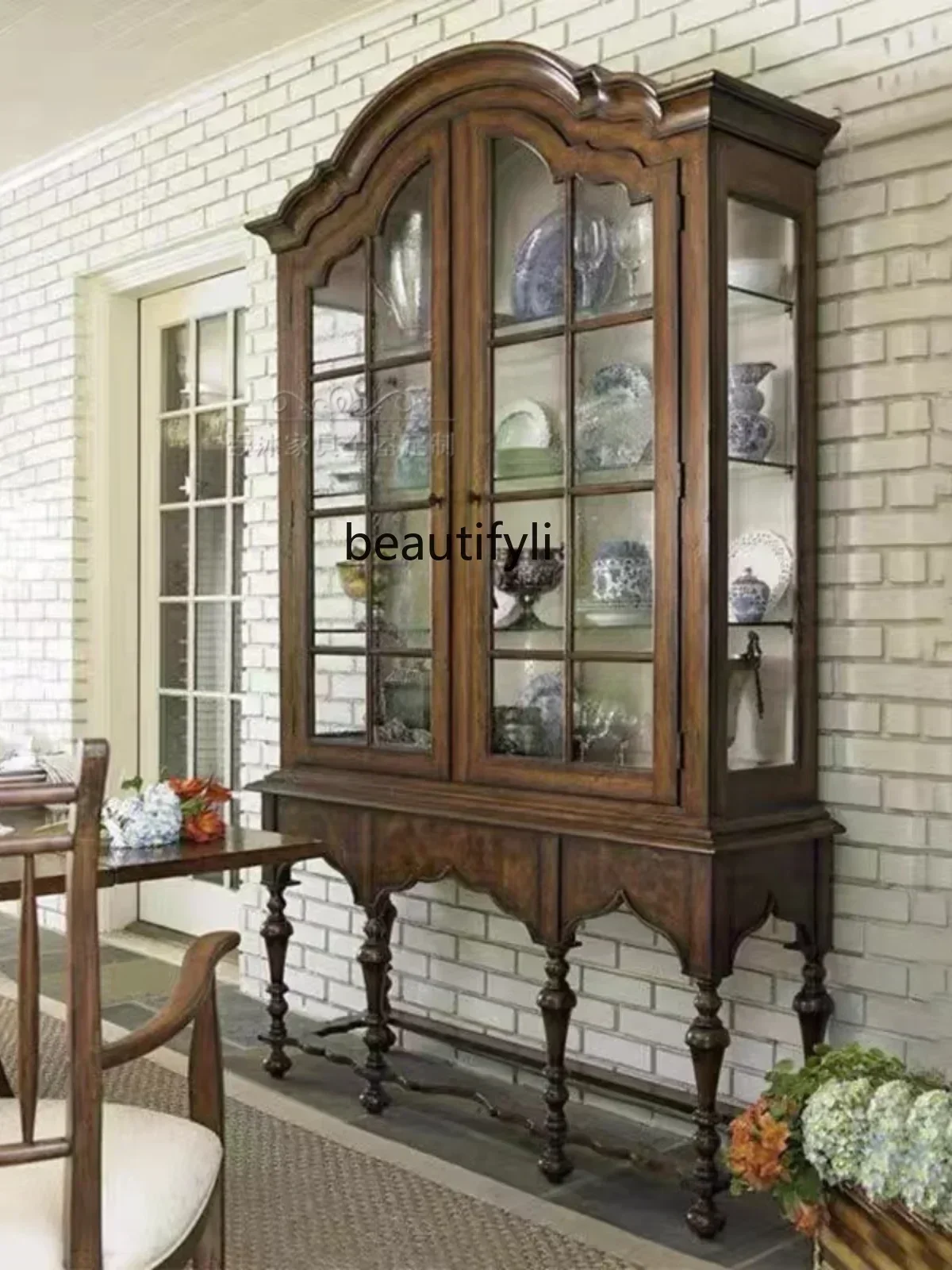 

yj7 American solid wood wine cabinet living room double door glass display cabinet retro multi-functional locker