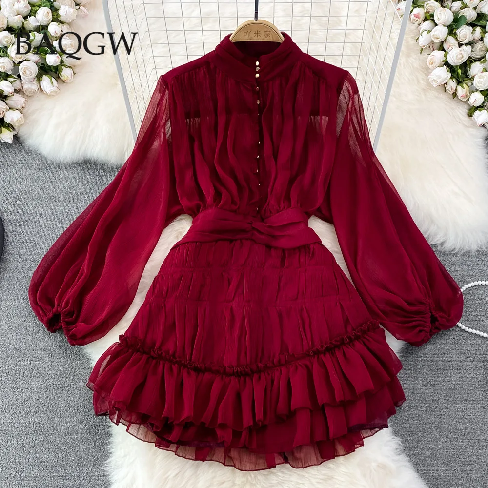 Elegant Tierred Ruffles Fashion Dress for Women Button Up Autum Long Sleeve Chic Slim Hem Mini Dresses Lay Beach Party Vestido