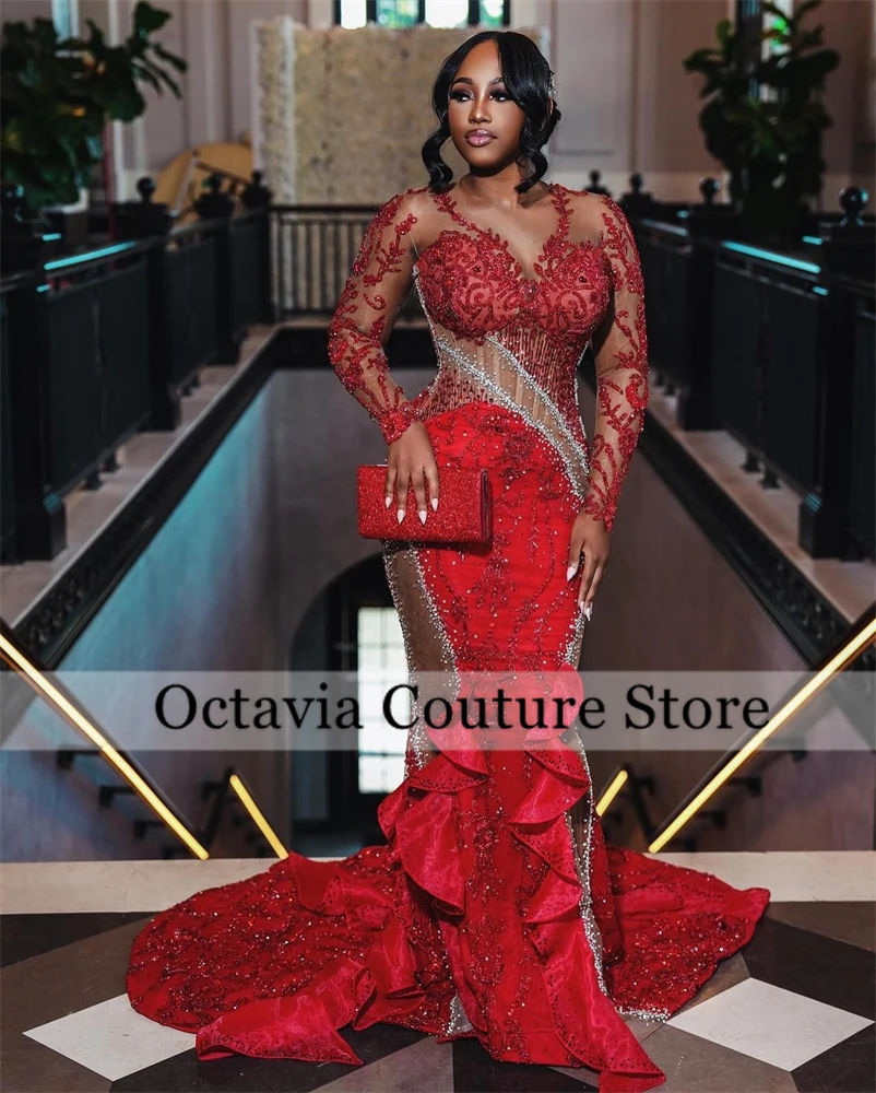 Aso Ebi Red O Neck Evening Dresses Black Girl Bead Crystal Appliques 2024 Birthday Luxury Dress Graduation Gown With Full Sleeve