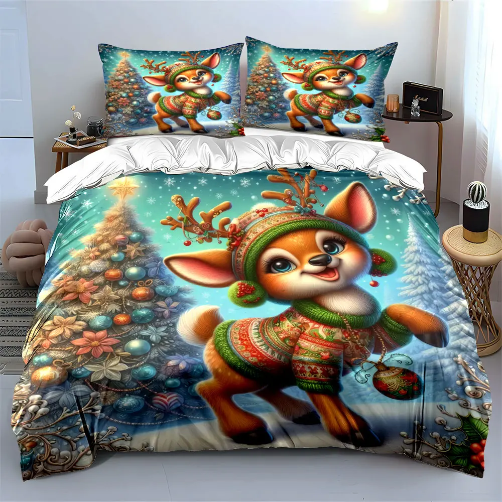 Adorable Christmas fawn in festive sweater, full of joy Print Duvet Cover Bedding Set Included 1*Duvet Cover 2*Pillowcases