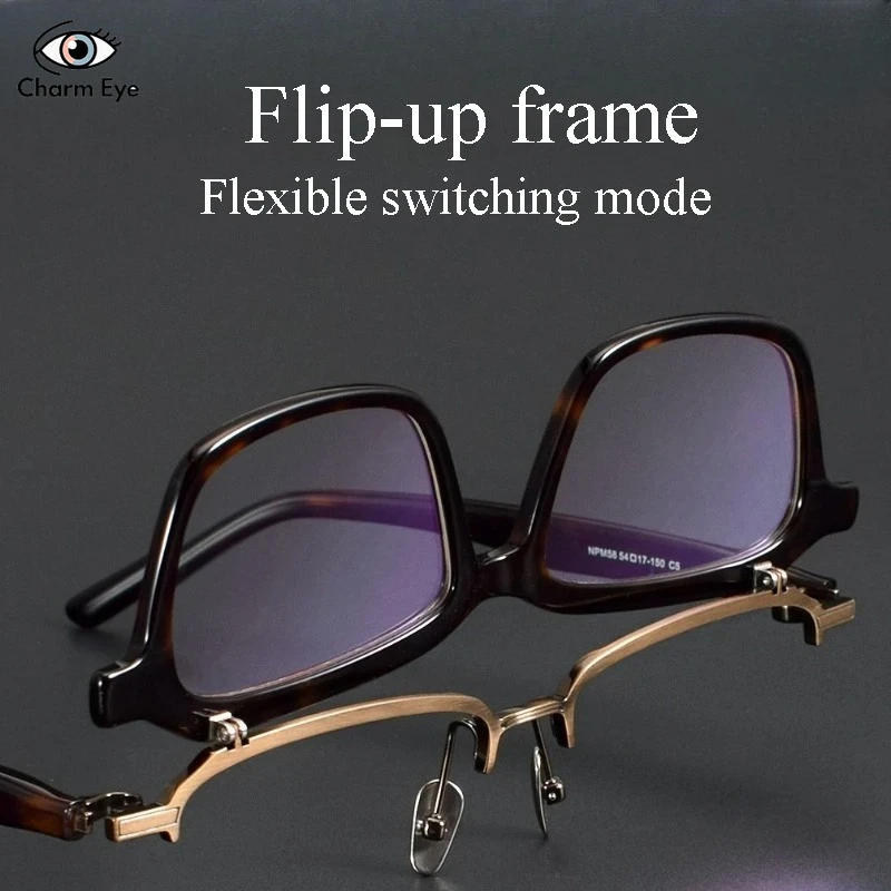 

High End Flip Up Men Sunglasses Fashion High-quality Titanium Acetate Square Retro Glasses Support Customized Prescription Lens
