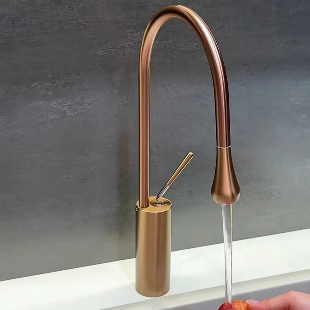 خلاط مطبخ ذهبي اللون، خلاط مياه بارد وساخن، مادة من الستانلس ستيل، خرطوم للجسم قابل للسحب للأسفل #2