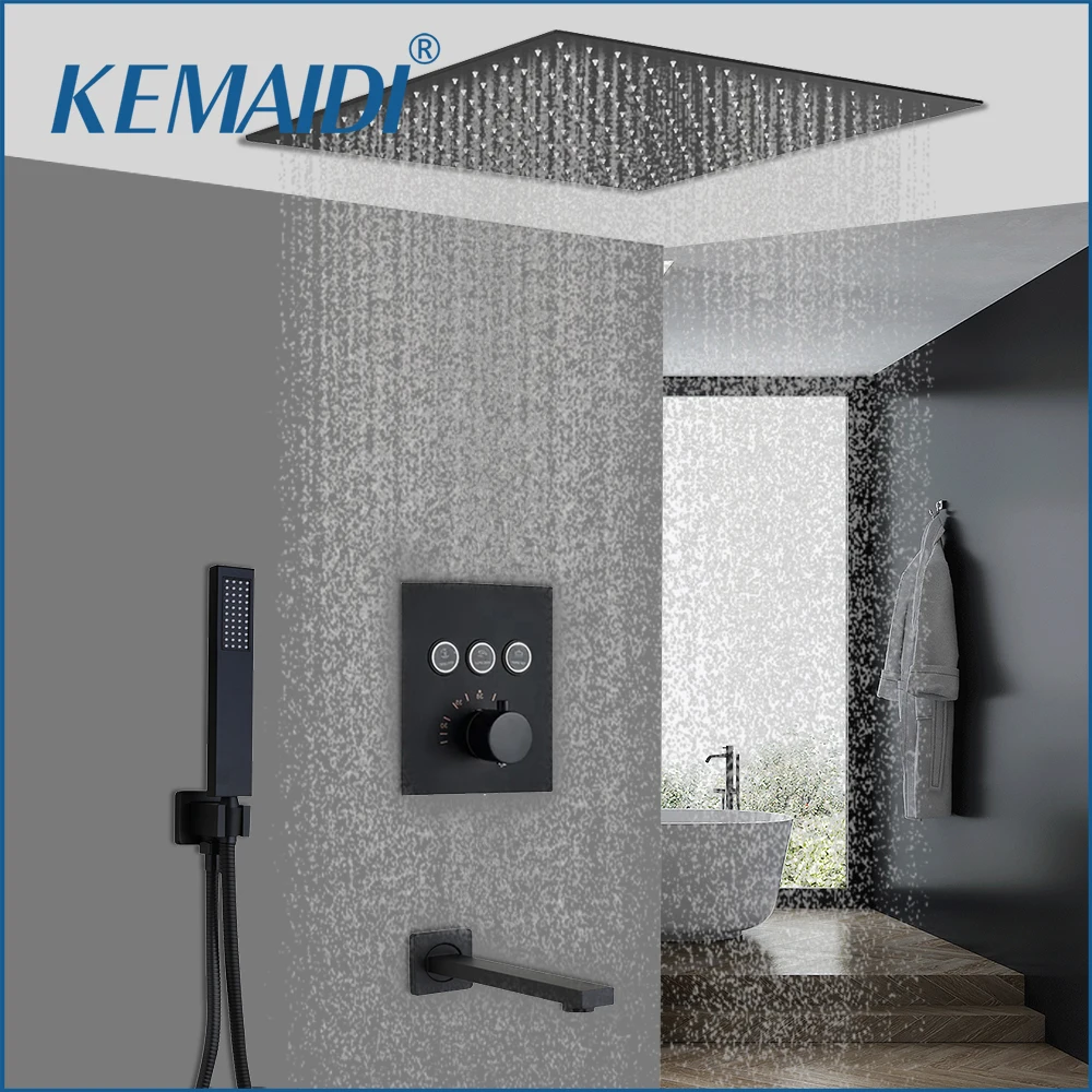 KEMAIDI Thermostatic Shower Faucet Concealed Install Bathroom Shower Faucet Set W/ Rainfall Big Shower Head Shower Systerm Black