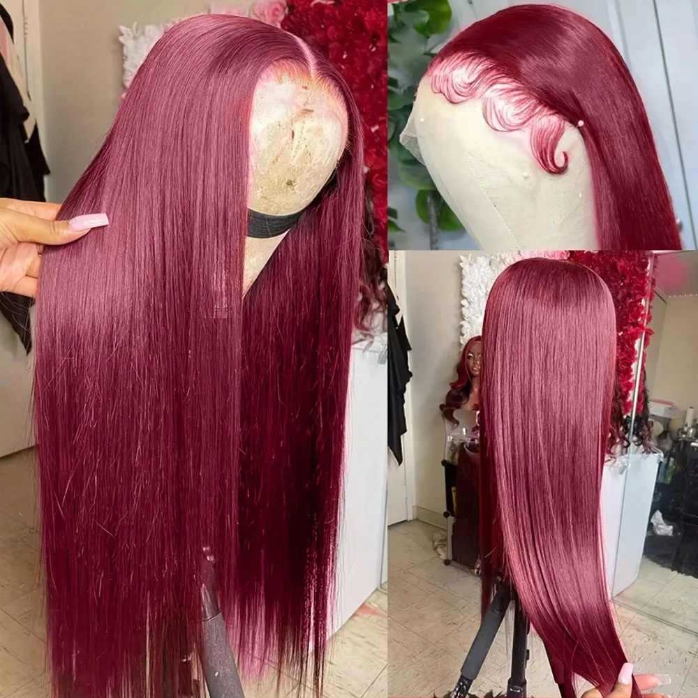13x4 Burgundy Lace Front Wig 24 Inch Straight Synthetic Hair, Heat-Friendly Fiber Pre-Plucked Natural Hairline for Women