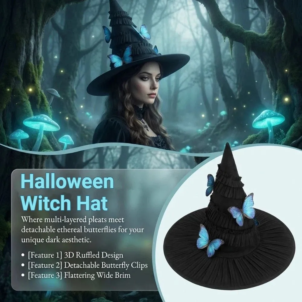 Gothic Halloween Hat Mesh Yarn Tall Pointed Cone Top Women's Wizard Cap Removable Bendable Ruched Masquerade Cap Halloween Party