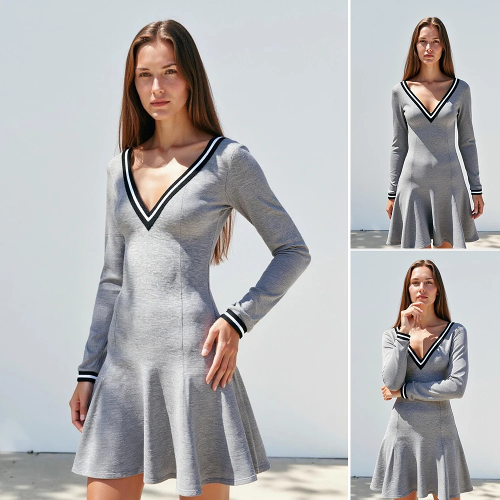 فساتين خريفية من Mia Muse Boutique 2025 فساتين نسائية يومية أساسية عادية بأكمام طويلة ورقبة على شكل حرف v على شكل حرف a فساتين غير رسمية صغيرة