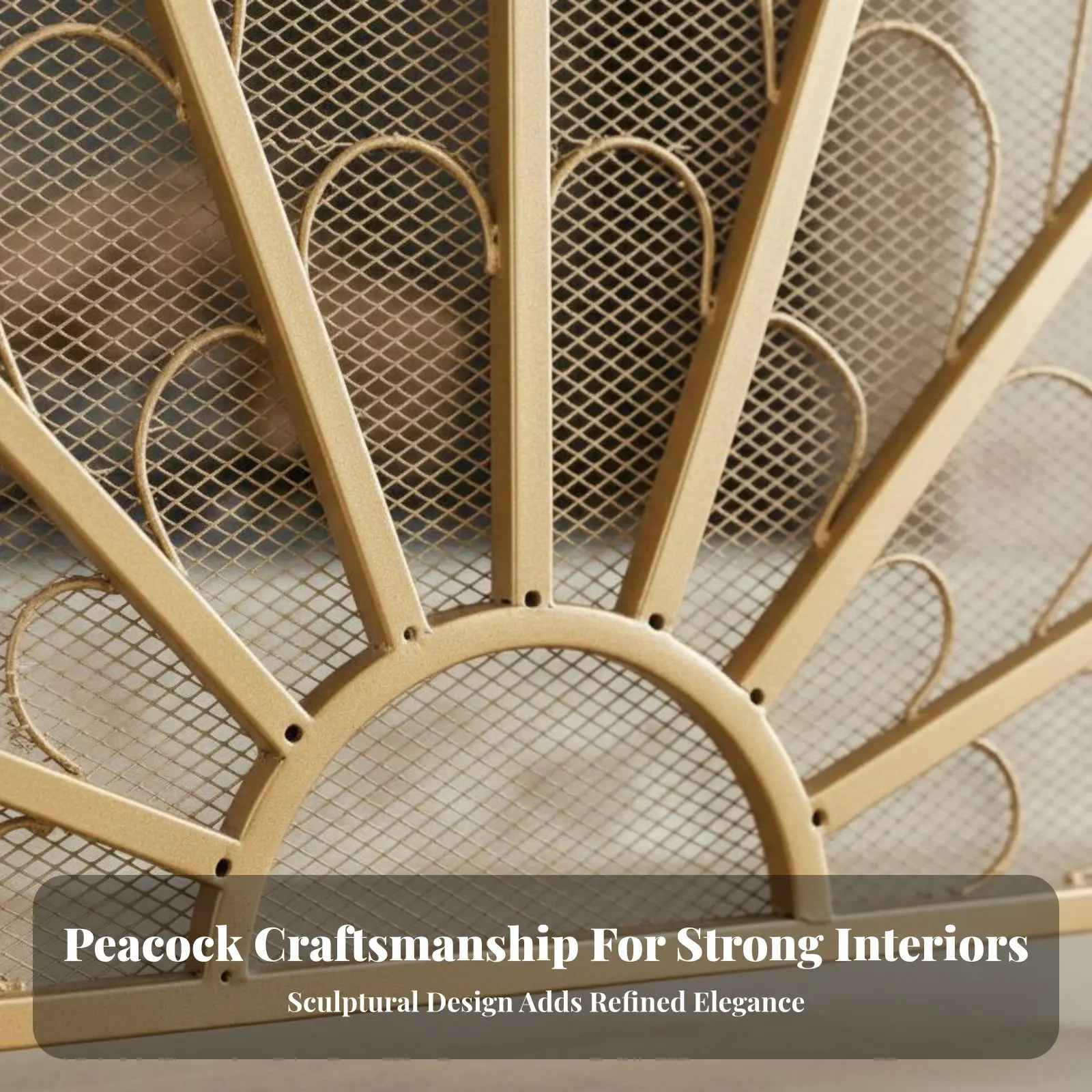 Peacock Feather Fireplace Screen Hollowed-Etched Mesh Peacock Tail Fireplace Guard Freestanding Ornate Scrollwork Feet