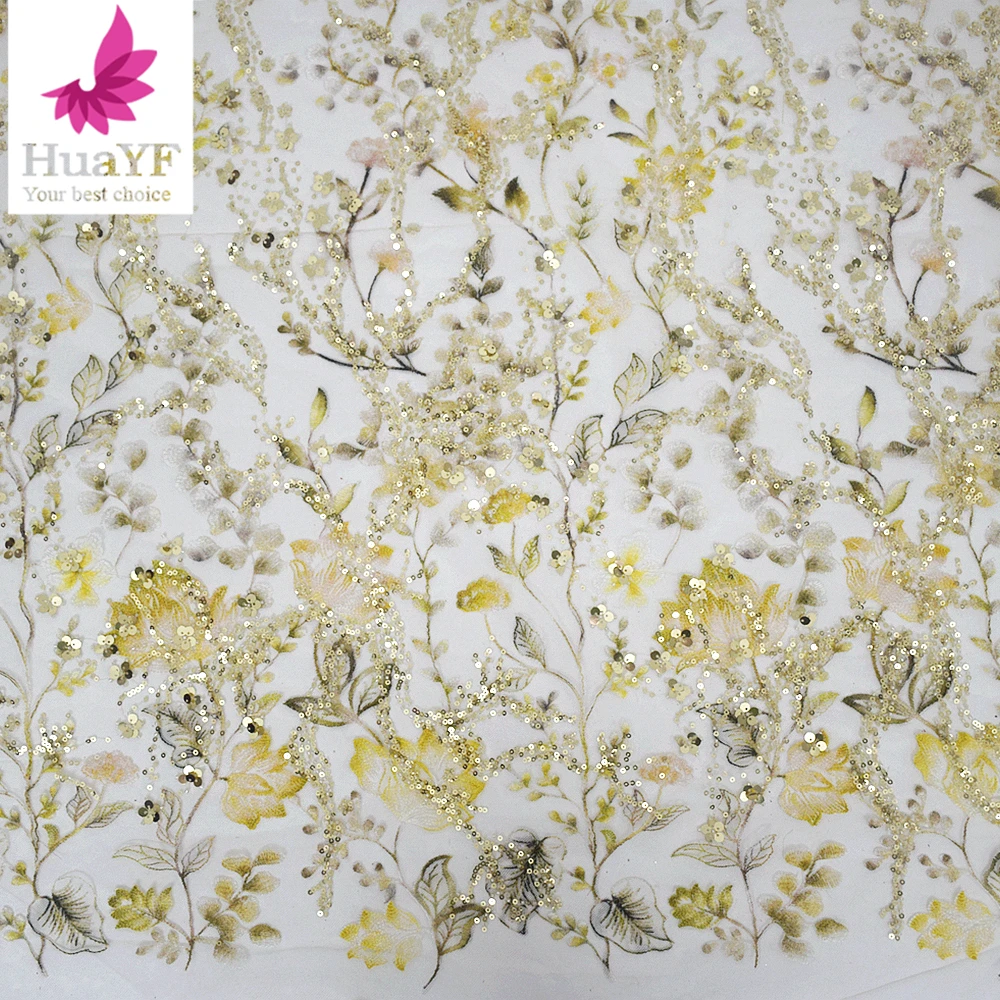 

High Density Embroidery Women's Dress Lace with 3D Flowers Heavy Bead Lace Fabric 5 Yards HY2618
