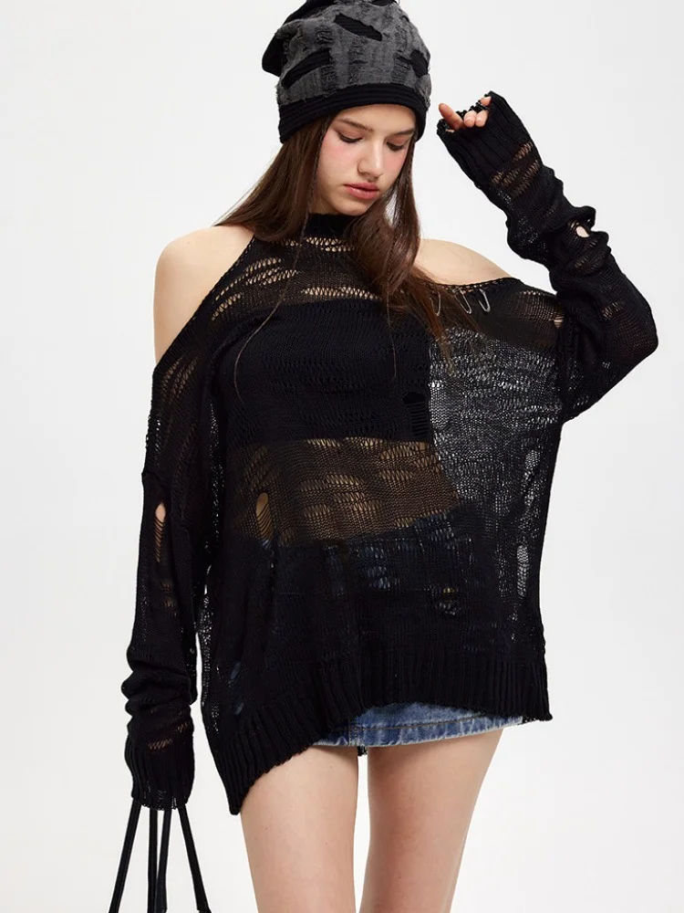 ADAgirl Y2k Spider Web Knitwear Hollow Out Sweaters Goth Mesh Hole Halter Collar Top Grunge E-Girl Pullover Streetwear Clothes