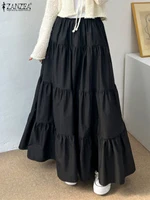 ZANZEA-Falda larga escalonada para Mujer, moda coreana, cintura elástica, informal, Color sólido, corte en A, ropa de calle para vacaciones, Jupes largos