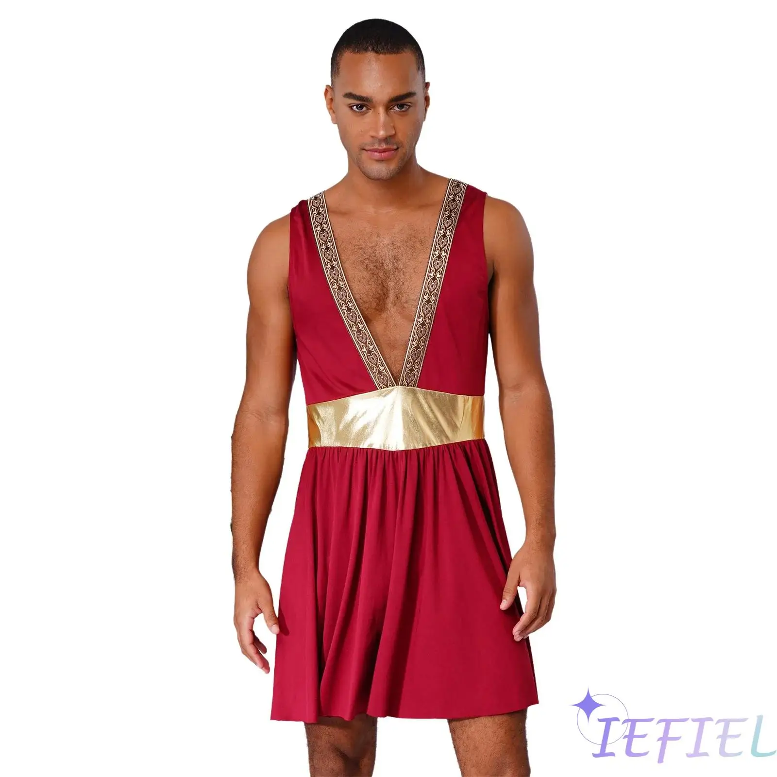 

Mens Roman Gladiator Dress Up Costume Sleeveless Metallic Waist Robe V Neck Warrior Outfit for Halloween Cosplay Theme Parties