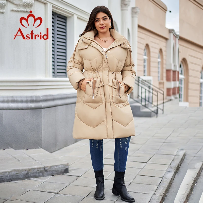 Astrid-jaqueta de inverno para as mulheres, tamanho grande, longo, grosso, quente, capuz, acolchoado, parka, cintura, magro, 30193, 2023