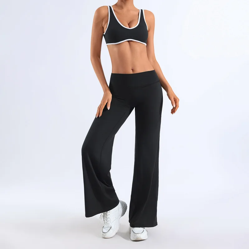 Women 2 Piece Contrast Trim yoga set U Back Sports Bra High Waist Wide Leg Flare Pants Soft Nude Stretch Gym Running Workout Set