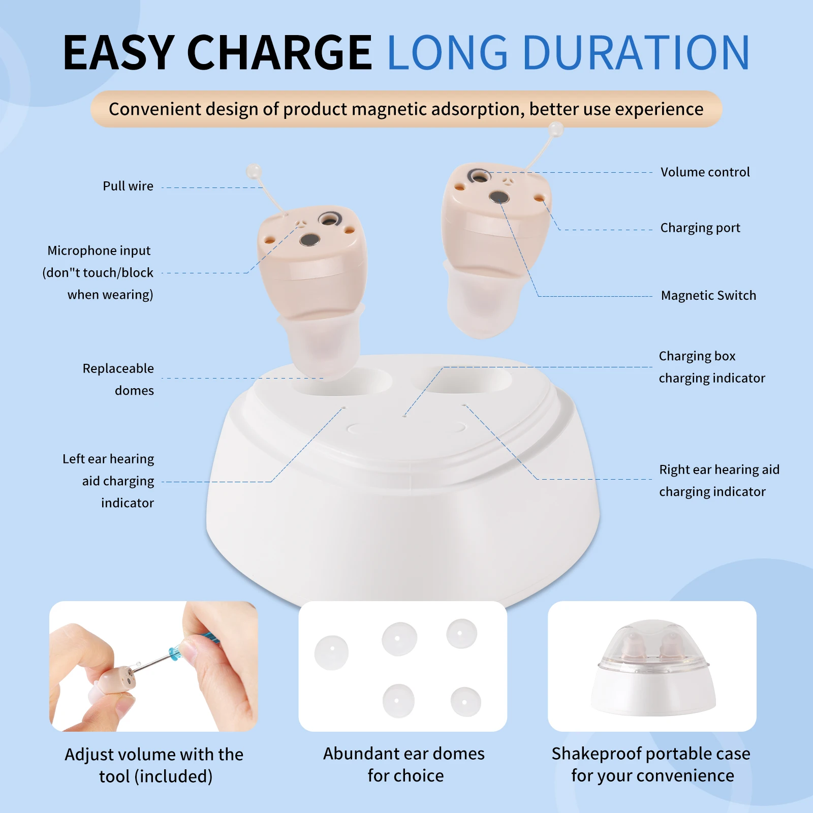 Hearing Earbuds Amplifier, Equipped with a USB Charging Dock, with Adjustable Volume, Adult Use as a Hearing Earphones Aids.