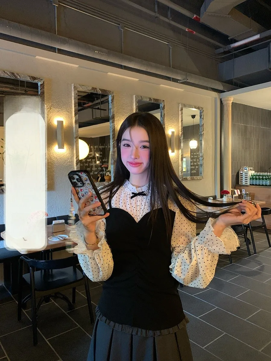 

Sinbounboun Korean Sle Polka Dot irt Women's Slim Fit Long Sve Chiffon Blouse Sweet Vintage Waist Cinched Fake Two-Piece