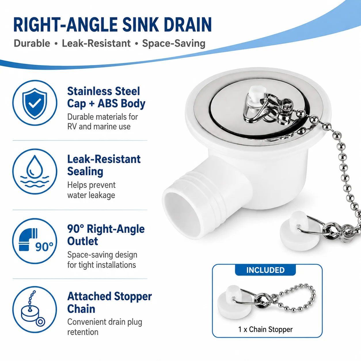 RV Sink Drain Connector Right Angle Stainless Steel Strong Sealing Space Saving Drain Pipe Hose Plug Sewer Adapter for Yacht