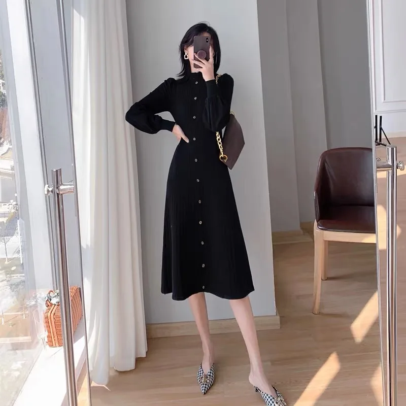 New 2026 Fall Winter Korean Style Half High Neck Knitted Dress Women Long Sleeve Mid-Length Inner Wear Sweater Dress Chic