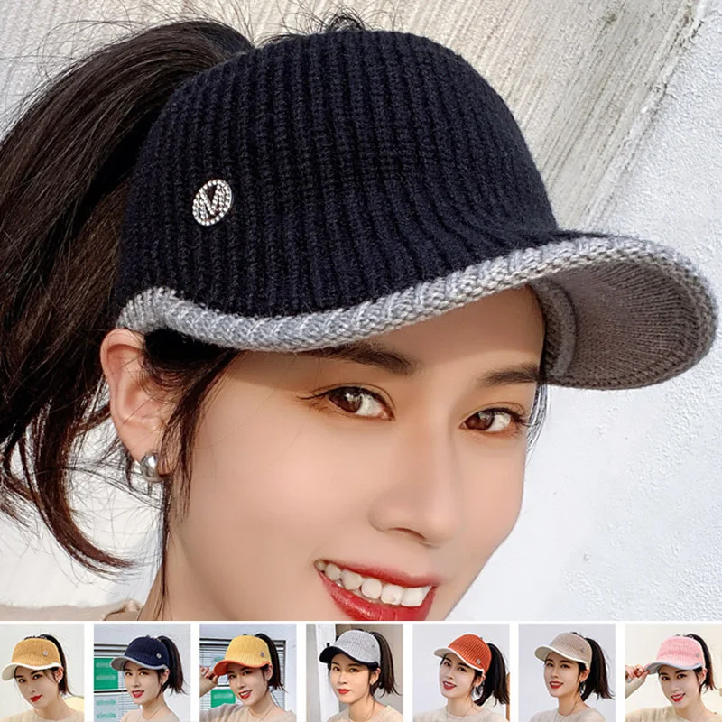 Knitted Flat Empty Top Cap 2022 Autumn Winter Outdoor Hollow Ponytail Hats for Women Girls Blank Peaked Caps Snapback Cap