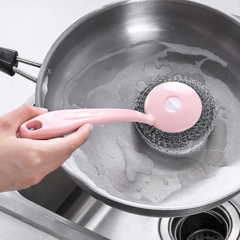 Cleaning Brushes With Long Handle Wire Ball Stainless Steel Hanging Cleaning Brush Pan Dish Handle Kitchen Washing Tool