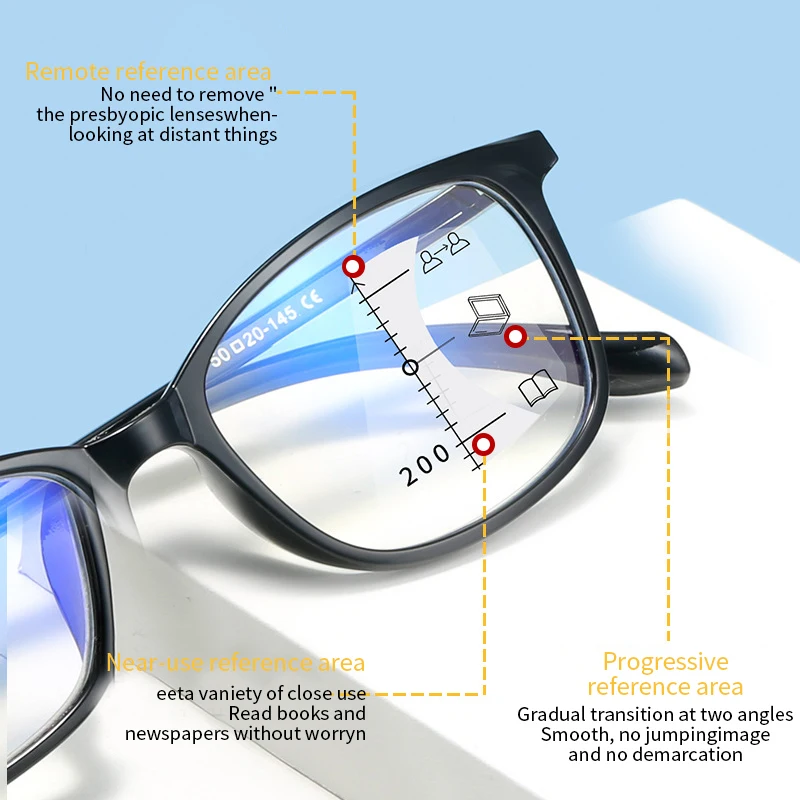 Lunettes de lecture progressives multi-focus Anti-lumière bleue, ultra-légères, à double usage, presbytie, dioptrie + 1.0 à + 4.0