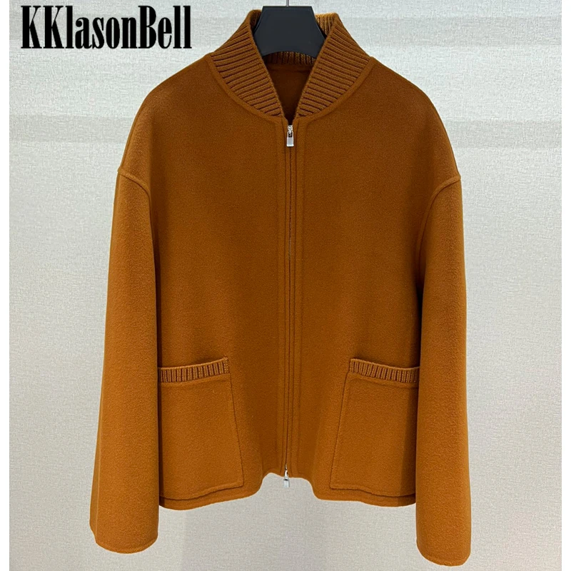 12.13 KKlasonBell Casual Loose Ribbed Stand Collar Zipper Cashmere Wool Coat Women