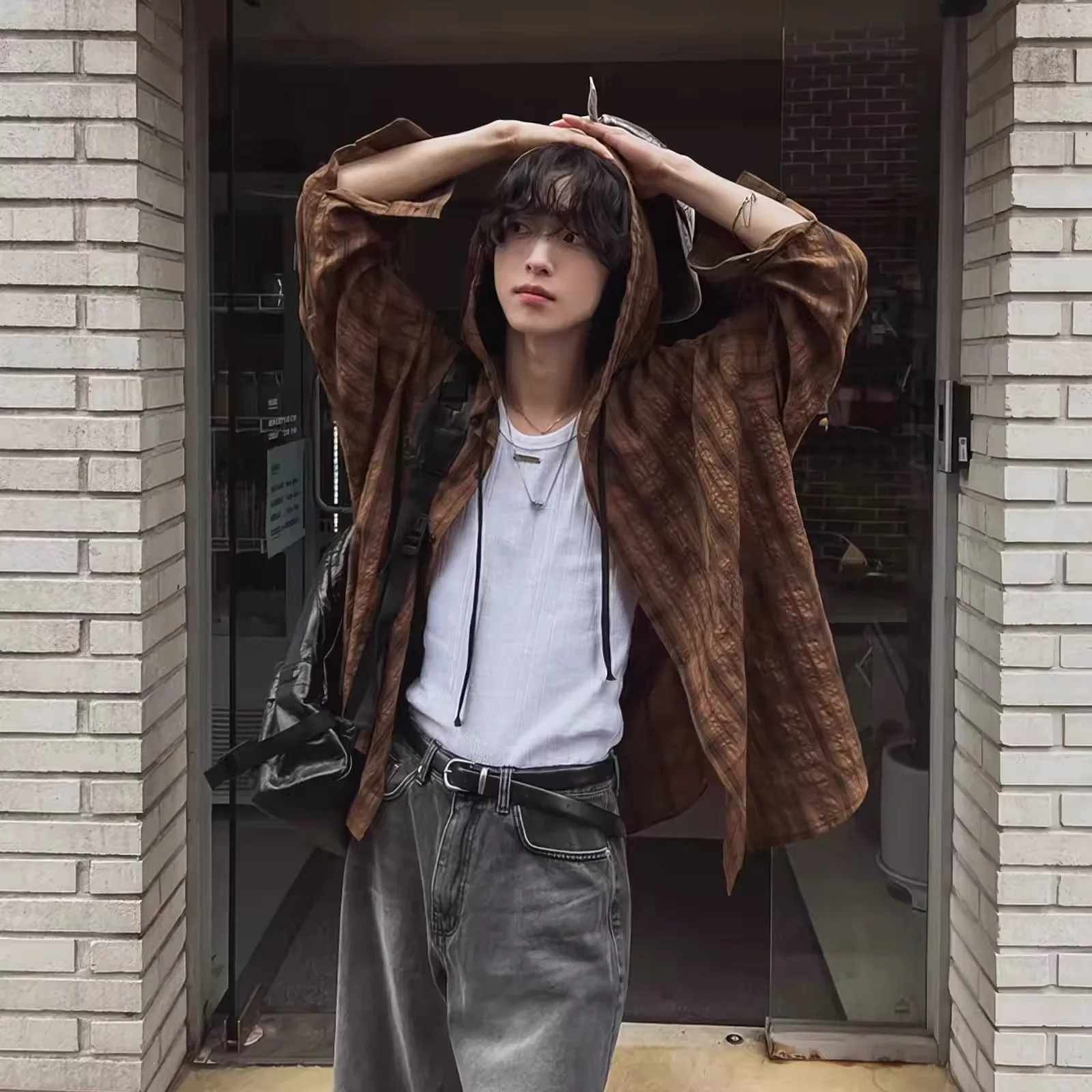 Men Plaid Hooded Trendy Shirts Tops Male Long Sleeve Ins Chic Y2K Blouse Boy Youthful Fashion Punk Hip Hop Gothic Party Club Top